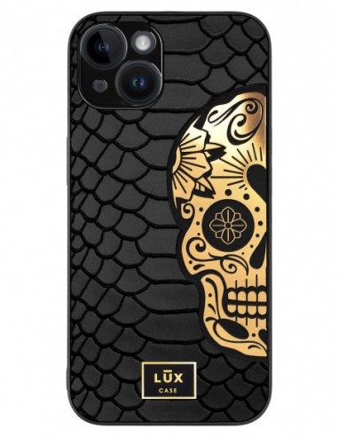 Etui premium skórzane, case na smartfon APPLE iPhone 14. Skóra python czarna ze złotą blaszką i czaszką.