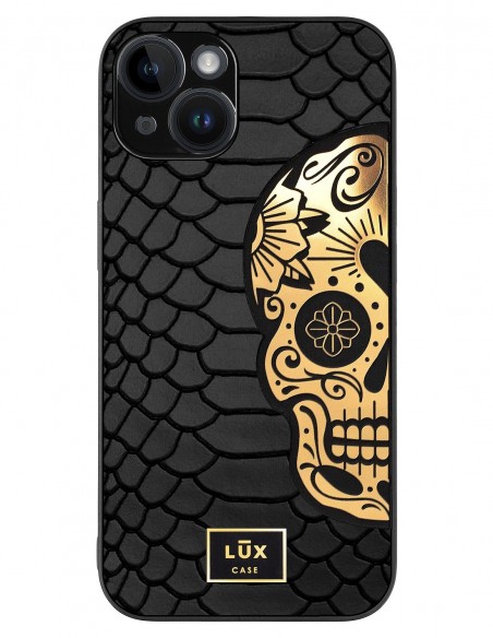 Etui premium skórzane, case na smartfon APPLE iPhone 14. Skóra python czarna ze złotą blaszką i czaszką.