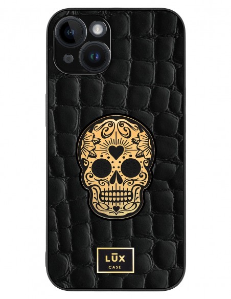 Etui premium skórzane, case na smartfon APPLE iPhone 14. Skóra crocodile czarna ze złotą blaszką i czaszką.