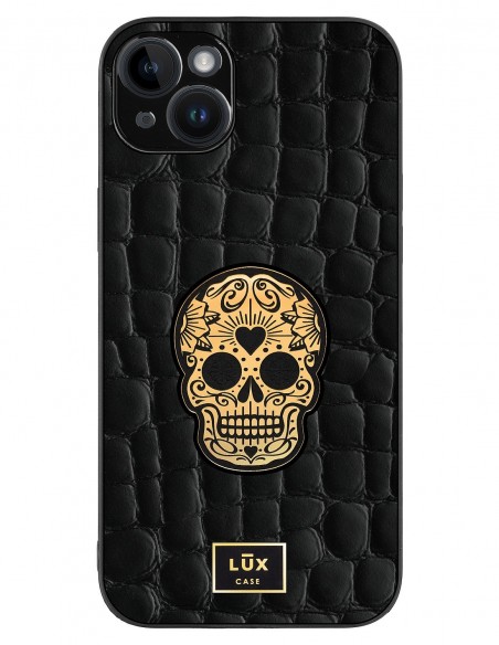 Etui premium skórzane, case na smartfon APPLE iPhone 14 PLUS. Skóra crocodile czarna ze złotą blaszką i czaszką.