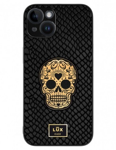 Etui premium skórzane, case na smartfon APPLE iPhone 14. Skóra iguana czarna ze złotą blaszką i czaszką.