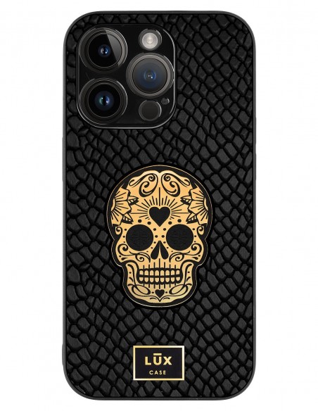 Etui premium skórzane, case na smartfon APPLE iPhone 14 PRO. Skóra iguana czarna ze złotą blaszką i czaszką.