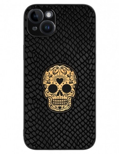 Etui premium skórzane, case na smartfon APPLE iPhone 14 PLUS. Skóra iguana czarna ze złotą czaszką.