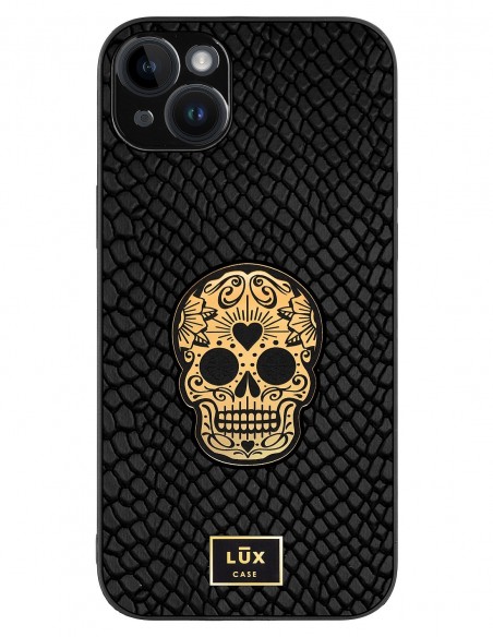Etui premium skórzane, case na smartfon APPLE iPhone 14 PLUS. Skóra iguana czarna ze złotą blaszką i czaszką.