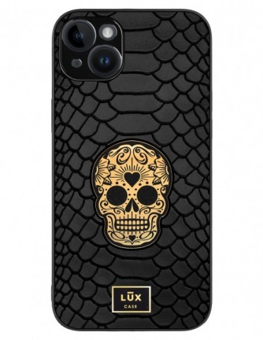 Etui premium skórzane, case na smartfon APPLE iPhone 14 PLUS. Skóra python czarna ze złotą blaszką i czaszką.