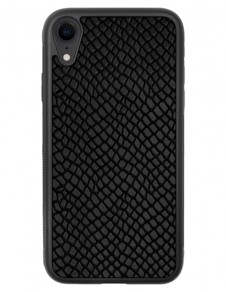 Etui premium skórzane, case na smartfon APPLE iPhone XR. Skóra iguana czarna.