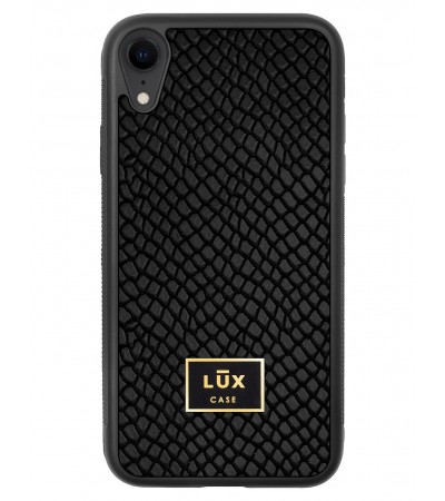 Etui premium skórzane, case na smartfon APPLE iPhone XR. Skóra iguana czarna ze złotą blaszką.