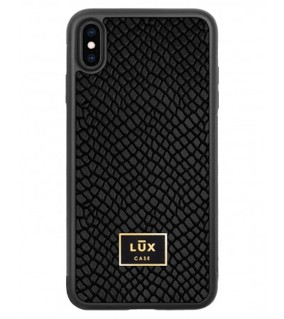 Etui premium skórzane, case na smartfon APPLE iPhone XS MAX. Skóra iguana czarna ze złotą blaszką.