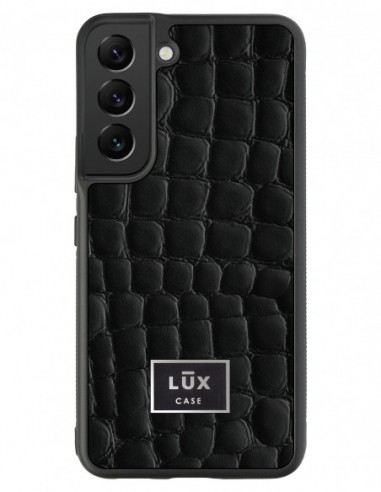 Etui premium skórzane, case na smartfon Samsung Galaxy S22. Skóra crocodile czarna ze srebrną blaszką.