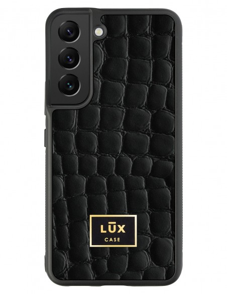 Etui premium skórzane, case na smartfon Samsung Galaxy S22. Skóra crocodile czarna ze złotą blaszką.
