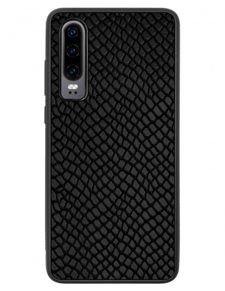 Etui premium skórzane, case na smartfon HUAWEI P30. Skóra iguana czarna.