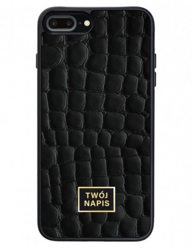 Etui premium skórzane, case na smartfon Apple iPhone 7 Plus. Skóra crocodile czarna ze złotą blaszką - wzór klienta.
