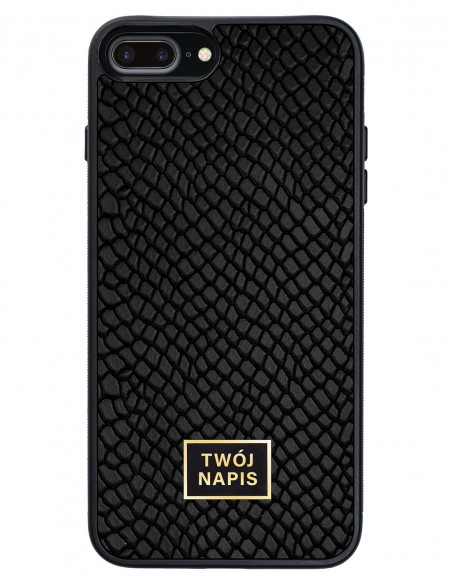 Etui premium skórzane, case na smartfon Apple iPhone 7 Plus. Skóra iguana czarna ze złotą blaszką - wzór klienta.