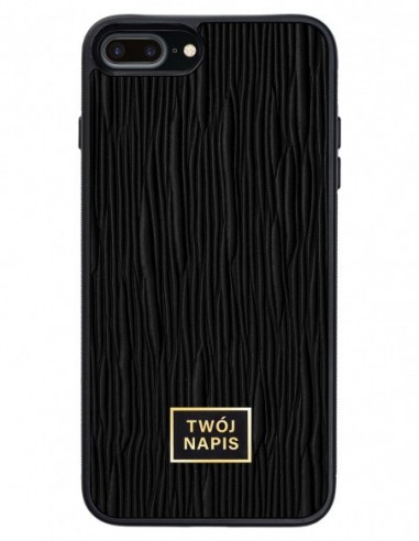 Etui premium skórzane, case na smartfon Apple iPhone 7 Plus. Skóra lizard czarna ze złotą blaszką - wzór klienta.