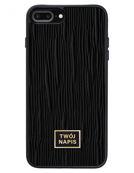 Etui premium skórzane, case na smartfon Apple iPhone 7 Plus. Skóra lizard czarna ze złotą blaszką - wzór klienta.