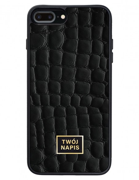 Etui premium skórzane, case na smartfon Apple iPhone 8 Plus. Skóra crocodile czarna ze złotą blaszką - wzór klienta.