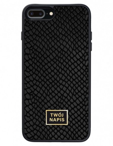 Etui premium skórzane, case na smartfon Apple iPhone 8 Plus. Skóra iguana czarna ze złotą blaszką - wzór klienta.