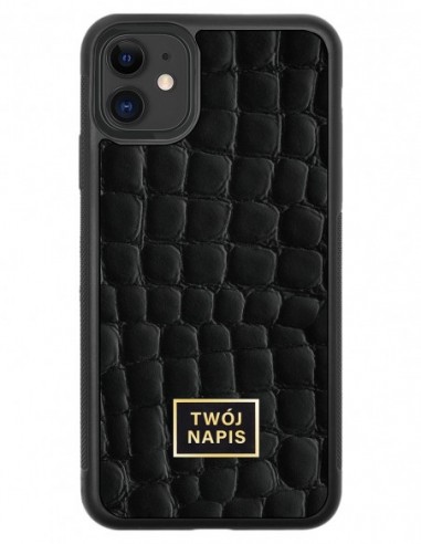 Etui premium skórzane, case na smartfon Apple iPhone 11. Skóra crocodile czarna ze złotą blaszką - wzór klienta.