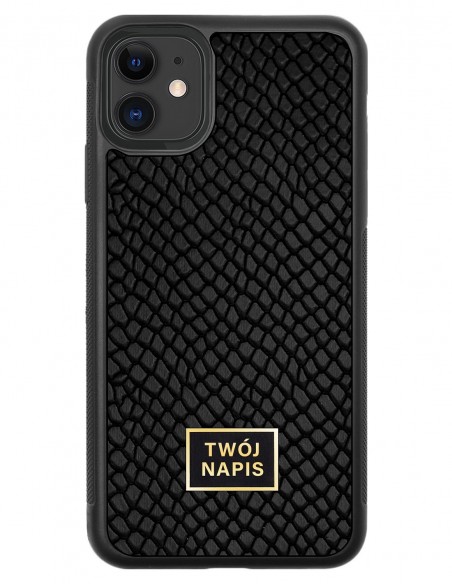 Etui premium skórzane, case na smartfon Apple iPhone 11. Skóra iguana czarna ze złotą blaszką - wzór klienta.