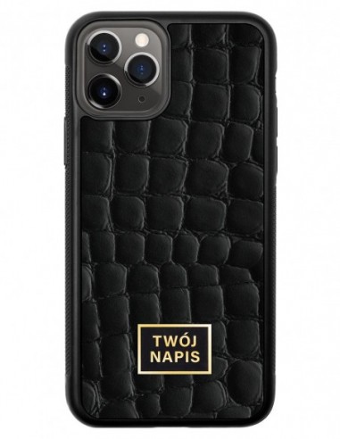 Etui premium skórzane, case na smartfon Apple iPhone 11 Pro. Skóra crocodile czarna ze złotą blaszką - wzór klienta.