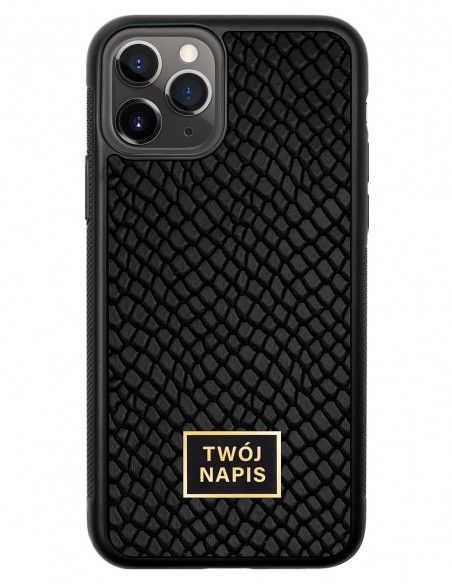 Etui premium skórzane, case na smartfon Apple iPhone 11 Pro. Skóra iguana czarna ze złotą blaszką - wzór klienta.