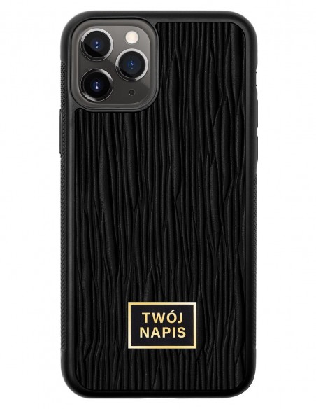 Etui premium skórzane, case na smartfon Apple iPhone 11 Pro. Skóra lizard czarna ze złotą blaszką - wzór klienta.