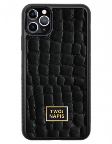 Etui premium skórzane, case na smartfon Apple iPhone 11 Pro Max. Skóra crocodile czarna ze złotą blaszką - wzór klienta.