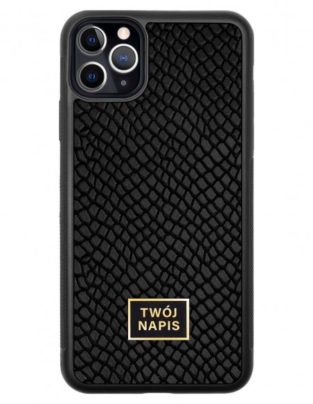 Etui premium skórzane, case na smartfon Apple iPhone 11 Pro Max. Skóra iguana czarna ze złotą blaszką - wzór klienta.