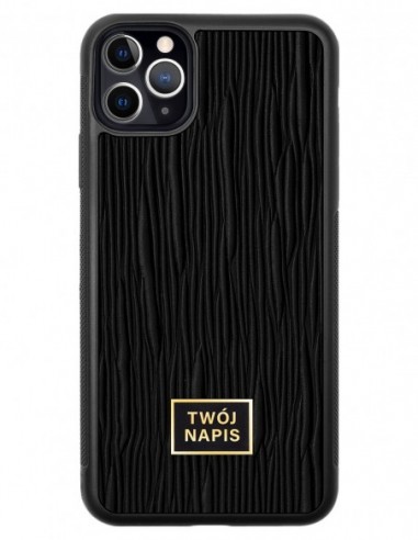 Etui premium skórzane, case na smartfon Apple iPhone 11 Pro Max. Skóra lizard czarna ze złotą blaszką - wzór klienta.