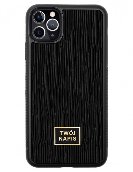 Etui premium skórzane, case na smartfon Apple iPhone 11 Pro Max. Skóra lizard czarna ze złotą blaszką - wzór klienta.