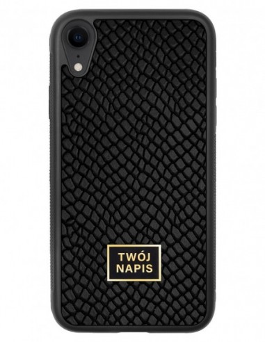 Etui premium skórzane, case na smartfon Apple iPhone XR. Skóra iguana czarna ze złotą blaszką - wzór klienta.