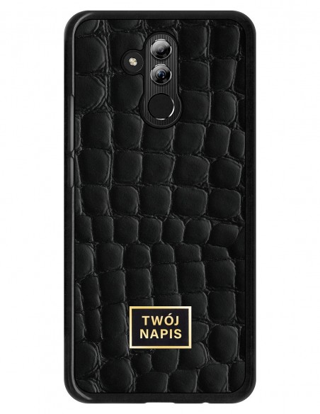 Etui premium skórzane, case na smartfon Huawei Mate 20 Lite. Skóra crocodile czarna ze złotą blaszką - wzór klienta.