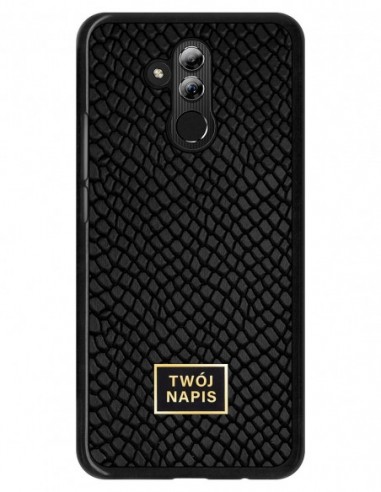 Etui premium skórzane, case na smartfon Huawei Mate 20 Lite. Skóra iguana czarna ze złotą blaszką - wzór klienta.