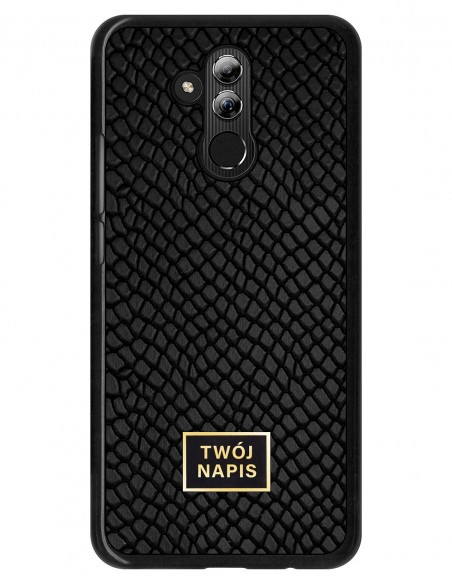 Etui premium skórzane, case na smartfon Huawei Mate 20 Lite. Skóra iguana czarna ze złotą blaszką - wzór klienta.