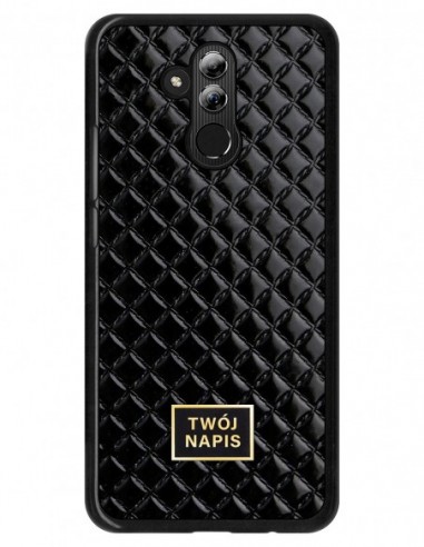 Etui premium skórzane, case na smartfon Huawei Mate 20 Lite. Skóra pik czarna błysk ze złotą blaszką - wzór klienta.