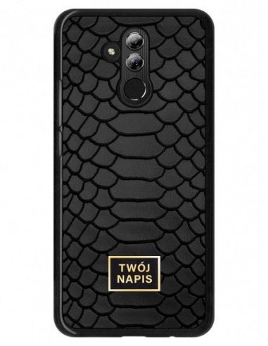 Etui premium skórzane, case na smartfon Huawei Mate 20 Lite. Skóra python czarna mat ze złotą blaszką - wzór klienta.