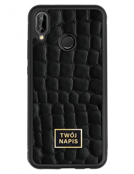 Etui premium skórzane, case na smartfon Huawei P20 Lite. Skóra crocodile czarna ze złotą blaszką - wzór klienta.