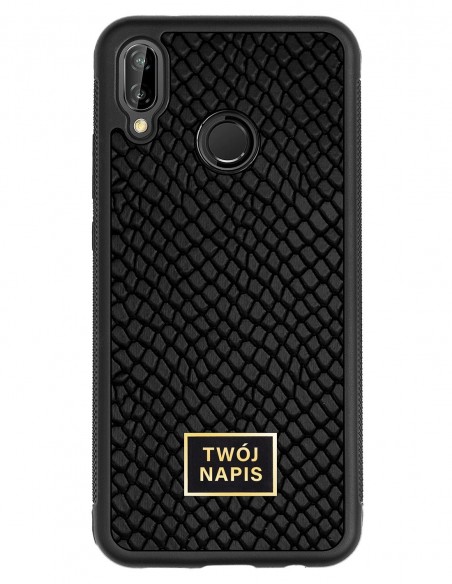 Etui premium skórzane, case na smartfon Huawei P20 Lite. Skóra iguana czarna ze złotą blaszką - wzór klienta.