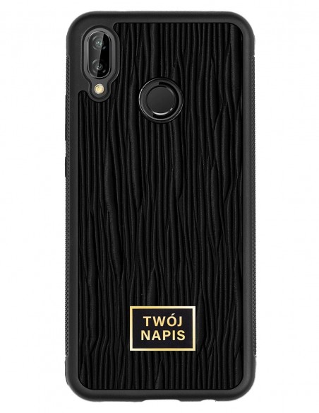 Etui premium skórzane, case na smartfon Huawei P20 Lite. Skóra lizard czarna ze złotą blaszką - wzór klienta.