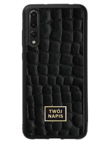 Etui premium skórzane, case na smartfon Huawei P20 Pro. Skóra crocodile czarna ze złotą blaszką - wzór klienta.