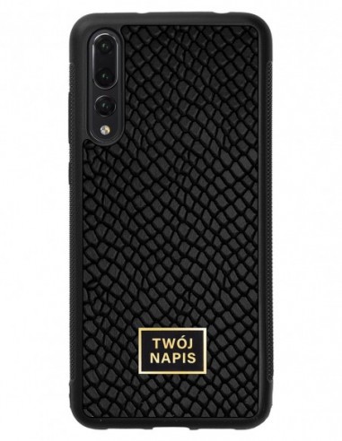Etui premium skórzane, case na smartfon Huawei P20 Pro. Skóra iguana czarna ze złotą blaszką - wzór klienta.
