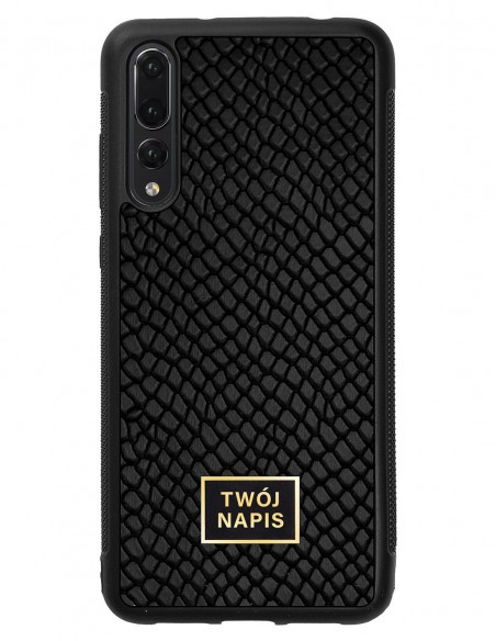 Etui premium skórzane, case na smartfon Huawei P20 Pro. Skóra iguana czarna ze złotą blaszką - wzór klienta.