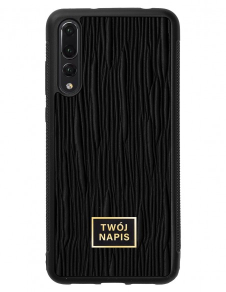Etui premium skórzane, case na smartfon Huawei P20 Pro. Skóra lizard czarna ze złotą blaszką - wzór klienta.