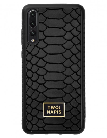 Etui premium skórzane, case na smartfon Huawei P20 Pro. Skóra python czarna mat ze złotą blaszką - wzór klienta.