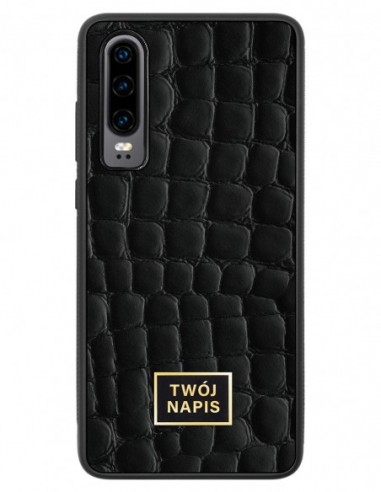 Etui premium skórzane, case na smartfon Huawei P30. Skóra crocodile czarna ze złotą blaszką - wzór klienta.