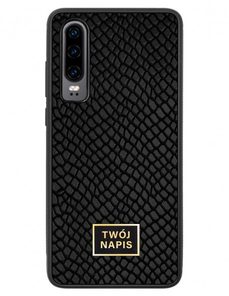 Etui premium skórzane, case na smartfon Huawei P30. Skóra iguana czarna ze złotą blaszką - wzór klienta.