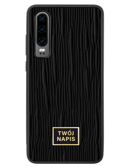 Etui premium skórzane, case na smartfon Huawei P30. Skóra lizard czarna ze złotą blaszką - wzór klienta.