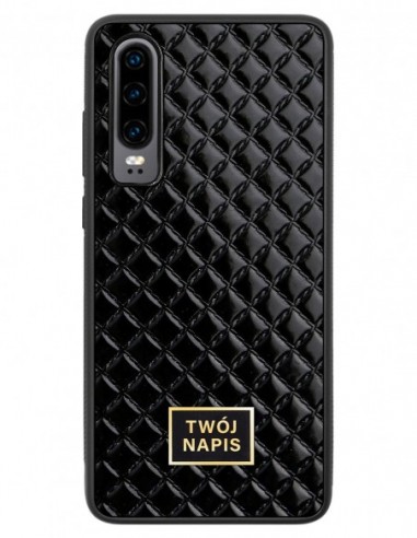 Etui premium skórzane, case na smartfon Huawei P30. Skóra pik czarna błysk ze złotą blaszką - wzór klienta.