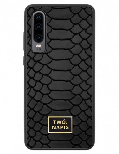 Etui premium skórzane, case na smartfon Huawei P30. Skóra python czarna mat ze złotą blaszką - wzór klienta.