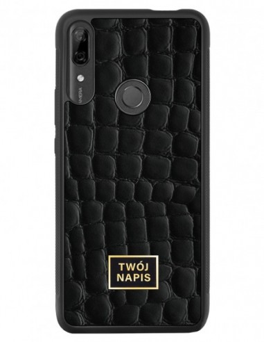 Etui premium skórzane, case na smartfon Huawei P Smart Z. Skóra crocodile czarna ze złotą blaszką - wzór klienta.